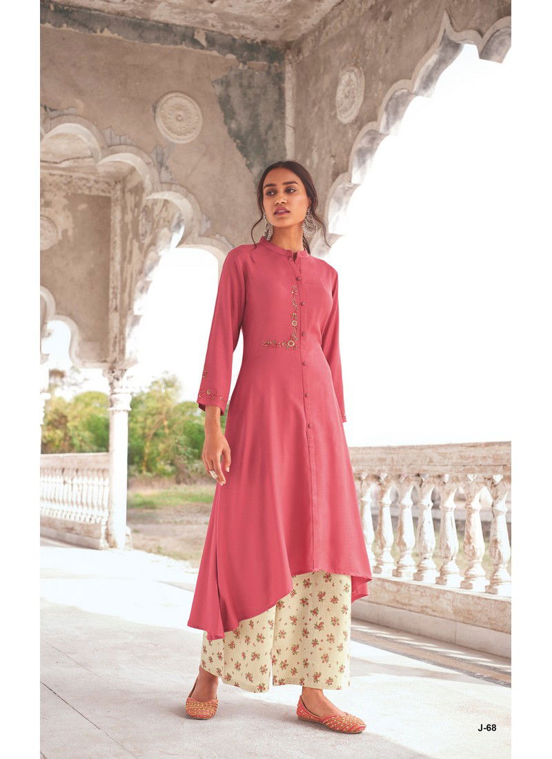 Pink Colour Jansi Modal Khadi Long Dress With Embroidery Kurti With Bottom J-68